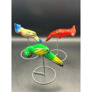 Set of 3 Vtg Folk Art‎ Birds on Metal Stands - Parrot Cardinal Blue Jay Decor 6"
